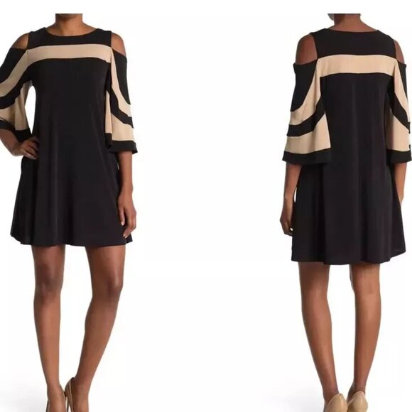 NWT Nina Leonard Black Mini Jersey Dress 2X Cold-Shoulder Draped Sleeve Pockets - Picture 1 of 9